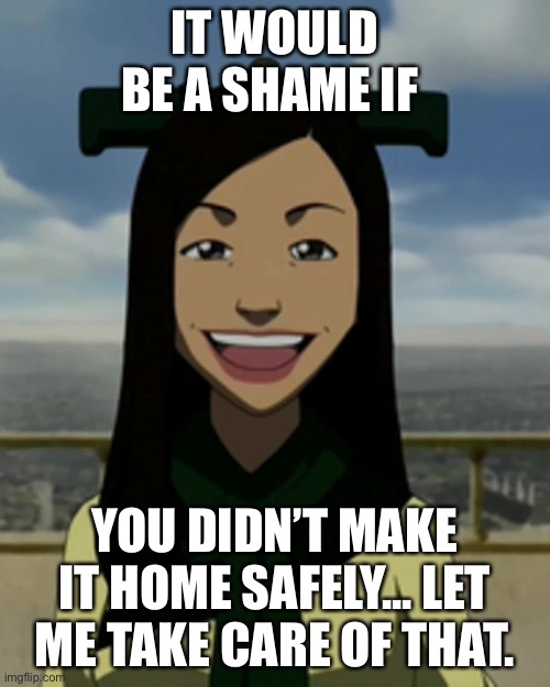IT WOULD BE A SHAME IF YOU DIDN’T MAKE IT HOME SAFELY... LET ME TAKE CARE OF THAT. | image tagged in there is no war in ba sing se | made w/ Imgflip meme maker