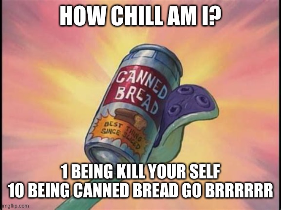 Canned bread | HOW CHILL AM I? 1 BEING KILL YOUR SELF
10 BEING CANNED BREAD GO BRRRRRR | image tagged in canned bread | made w/ Imgflip meme maker