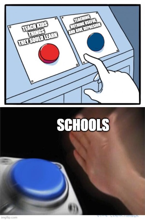 two buttons 1 blue | TEACHING NOTHING USEFUL AND GIVE DEPRESION; TEACH KIDS THINGS THEY SOULD LEARN; SCHOOLS | image tagged in two buttons 1 blue | made w/ Imgflip meme maker