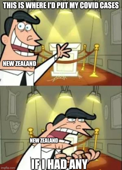 This Is Where I'd Put My Trophy If I Had One | THIS IS WHERE I'D PUT MY COVID CASES; NEW ZEALAND; NEW ZEALAND; IF I HAD ANY | image tagged in memes,this is where i'd put my trophy if i had one | made w/ Imgflip meme maker