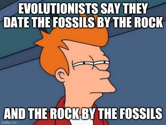 Futurama Fry | EVOLUTIONISTS SAY THEY DATE THE FOSSILS BY THE ROCK; AND THE ROCK BY THE FOSSILS | image tagged in memes,futurama fry | made w/ Imgflip meme maker