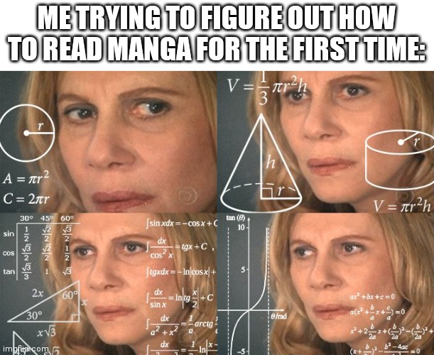 It took me like ten minutes | ME TRYING TO FIGURE OUT HOW TO READ MANGA FOR THE FIRST TIME: | image tagged in calculating meme | made w/ Imgflip meme maker