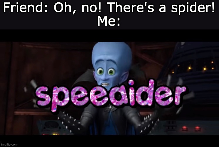 Speeaider. | Friend: Oh, no! There's a spider!
Me: | image tagged in why you even read these | made w/ Imgflip meme maker
