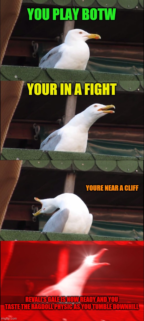 this happened to me so yeah its personal | YOU PLAY BOTW; YOUR IN A FIGHT; YOURE NEAR A CLIFF; REVALI'S GALE IS NOW READY AND YOU TASTE THE RAGDOLL PHYSIC AS YOU TUMBLE DOWNHILL | image tagged in memes,inhaling seagull | made w/ Imgflip meme maker