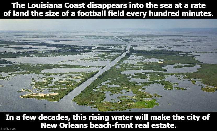 Sea levels are rising, and we know why. | The Louisiana Coast disappears into the sea at a rate of land the size of a football field every hundred minutes. In a few decades, this rising water will make the city of 
New Orleans beach-front real estate. | image tagged in louisiana,global warming,climate change,hurricanes | made w/ Imgflip meme maker