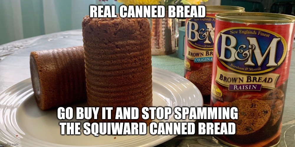 REAL CANNED BREAD; GO BUY IT AND STOP SPAMMING THE SQUIWARD CANNED BREAD | made w/ Imgflip meme maker