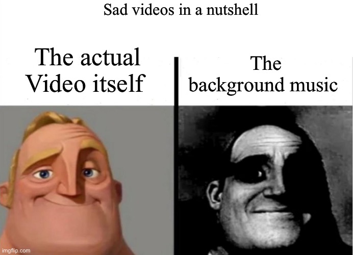 Music does change the mood | Sad videos in a nutshell; The background music; The actual Video itself | image tagged in teacher's copy | made w/ Imgflip meme maker