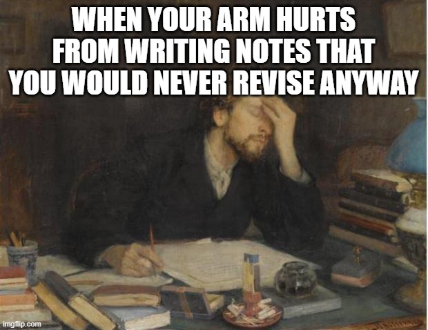 writer | WHEN YOUR ARM HURTS FROM WRITING NOTES THAT YOU WOULD NEVER REVISE ANYWAY | image tagged in writer | made w/ Imgflip meme maker