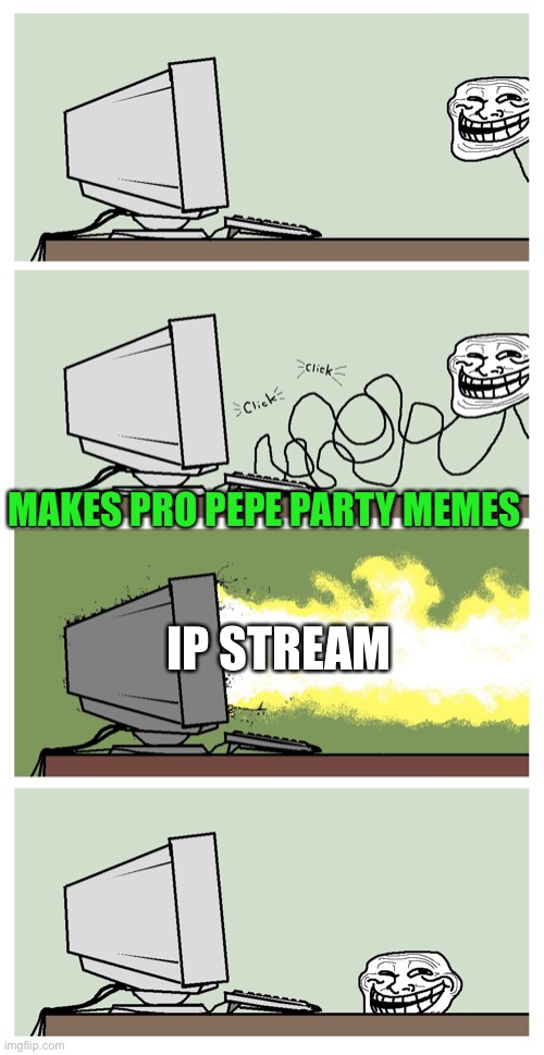Computer Troll | MAKES PRO PEPE PARTY MEMES IP STREAM | image tagged in computer troll | made w/ Imgflip meme maker