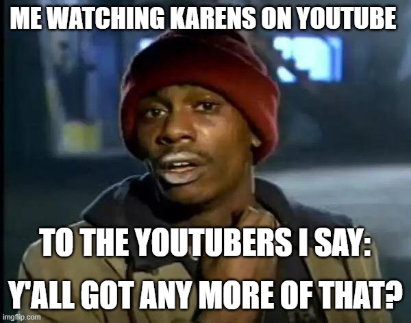Karens on youtube | ME WATCHING KARENS ON YOUTUBE; TO THE YOUTUBERS I SAY:; Y'ALL GOT ANY MORE OF THAT? | image tagged in memes,y'all got any more of that | made w/ Imgflip meme maker