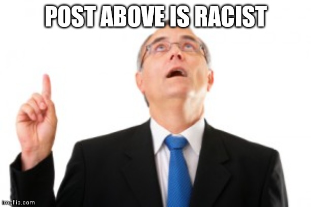 Man Pointing Up | POST ABOVE IS RACIST | image tagged in man pointing up | made w/ Imgflip meme maker