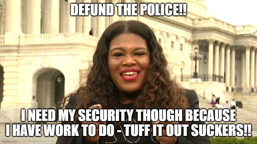 cori bush private security |  DEFUND THE POLICE!! I NEED MY SECURITY THOUGH BECAUSE I HAVE WORK TO DO - TUFF IT OUT SUCKERS!! | image tagged in cori bush private security | made w/ Imgflip meme maker