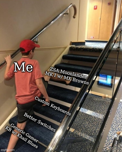 Skipping Stairs | Me; ZSA Moonlander MK I w/ MX Browns; Custom Keyboards; Better Switches; Generic Gamer KB w/ Khail Blues | image tagged in skipping stairs,ErgoMechKeyboards | made w/ Imgflip meme maker