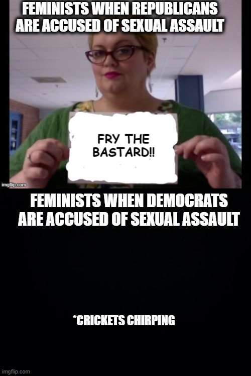 Feminazi logic | FEMINISTS WHEN REPUBLICANS ARE ACCUSED OF SEXUAL ASSAULT; FEMINISTS WHEN DEMOCRATS ARE ACCUSED OF SEXUAL ASSAULT; *CRICKETS CHIRPING | image tagged in feminists,hypocritical feminist,democrats,republicans,andrew cuomo,joe biden | made w/ Imgflip meme maker