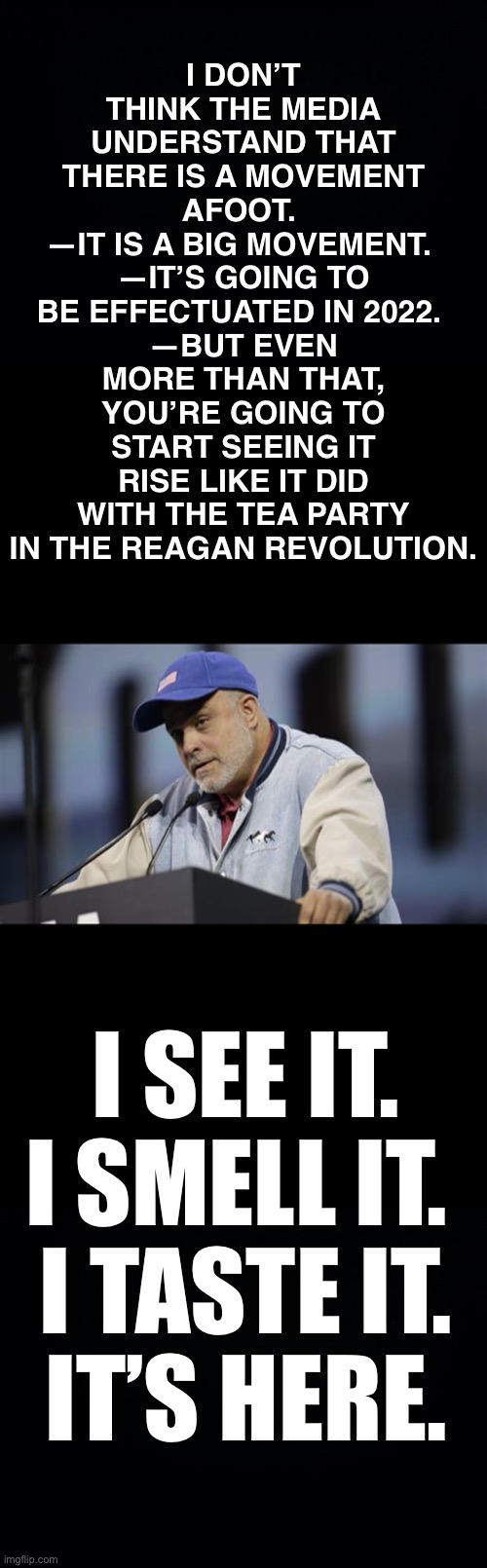 Mark Levin | I DON’T THINK THE MEDIA UNDERSTAND THAT THERE IS A MOVEMENT AFOOT. 
—IT IS A BIG MOVEMENT. 
—IT’S GOING TO BE EFFECTUATED IN 2022. 
—BUT EVEN MORE THAN THAT, YOU’RE GOING TO START SEEING IT RISE LIKE IT DID WITH THE TEA PARTY IN THE REAGAN REVOLUTION. I SEE IT. I SMELL IT. 
I TASTE IT.
IT’S HERE. | image tagged in mark levin,ConservativesOnly | made w/ Imgflip meme maker