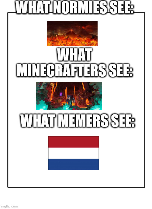How people see the nether (no TDS nether included) | WHAT NORMIES SEE:; WHAT MINECRAFTERS SEE:; WHAT MEMERS SEE: | image tagged in blank template,nether,netherlands,what memers see vs what we see | made w/ Imgflip meme maker