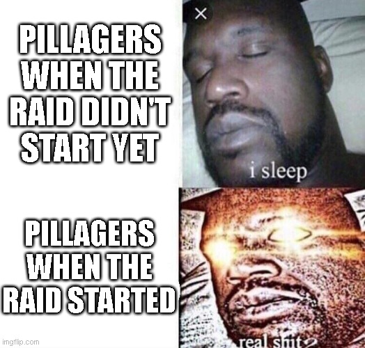 i sleep real shit | PILLAGERS WHEN THE RAID DIDN'T START YET; PILLAGERS WHEN THE RAID STARTED | image tagged in i sleep real shit | made w/ Imgflip meme maker