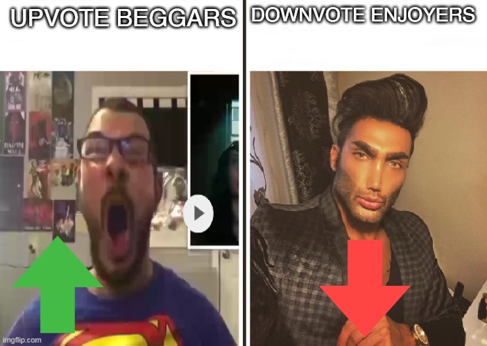 average upvote beggars vs average downvote enjoyers | DOWNVOTE ENJOYERS; UPVOTE BEGGARS | image tagged in average fan vs average enjoyer,upvotes,upvote beggars,downvote,fun,memes | made w/ Imgflip meme maker