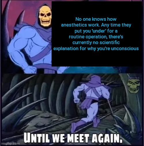Until we meet again | No one knows how anesthetics work. Any time they put you 'under' for a routine operation, there's currently no scientific explanation for why you're unconscious | image tagged in until we meet again | made w/ Imgflip meme maker
