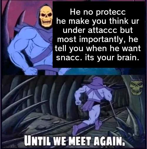 Until we meet again. | He no protecc he make you think ur under attaccc but most importantly, he tell you when he want snacc. its your brain. | image tagged in until we meet again | made w/ Imgflip meme maker