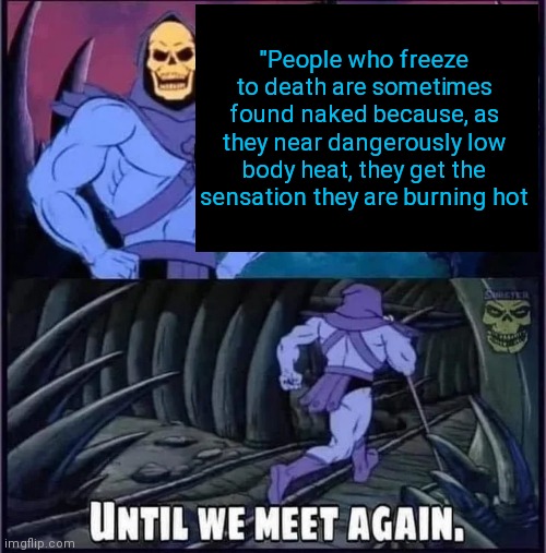 Until we meet again | "People who freeze to death are sometimes found naked because, as they near dangerously low body heat, they get the sensation they are burning hot | image tagged in until we meet again | made w/ Imgflip meme maker