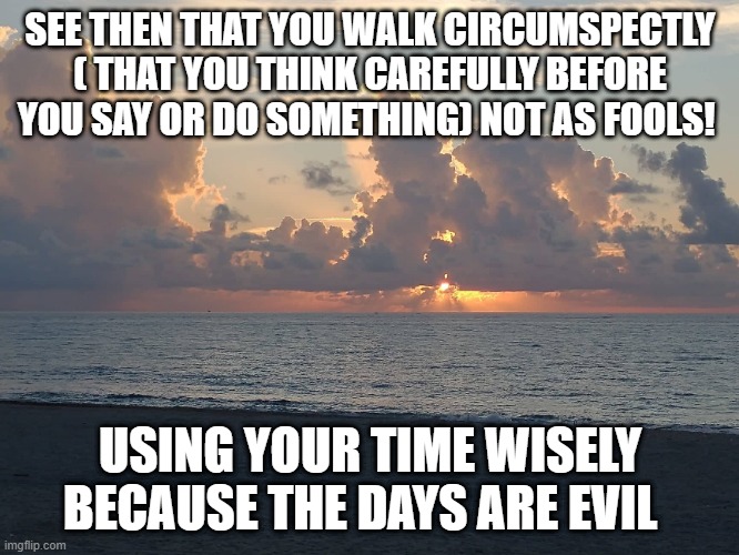 Be wise | SEE THEN THAT YOU WALK CIRCUMSPECTLY ( THAT YOU THINK CAREFULLY BEFORE YOU SAY OR DO SOMETHING) NOT AS FOOLS! USING YOUR TIME WISELY BECAUSE THE DAYS ARE EVIL | image tagged in god,love | made w/ Imgflip meme maker