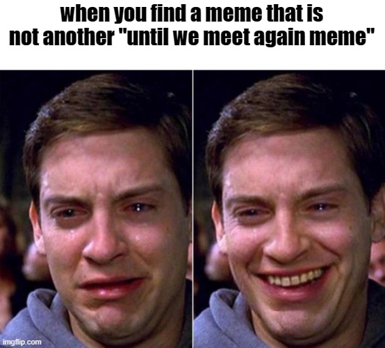 also, i cant sleep, help | when you find a meme that is not another "until we meet again meme" | image tagged in peter parker sad cry happy cry | made w/ Imgflip meme maker