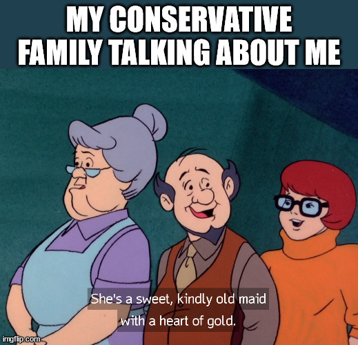 Family Gossip | MY CONSERVATIVE FAMILY TALKING ABOUT ME | image tagged in scooby doo,old maid,gossip | made w/ Imgflip meme maker