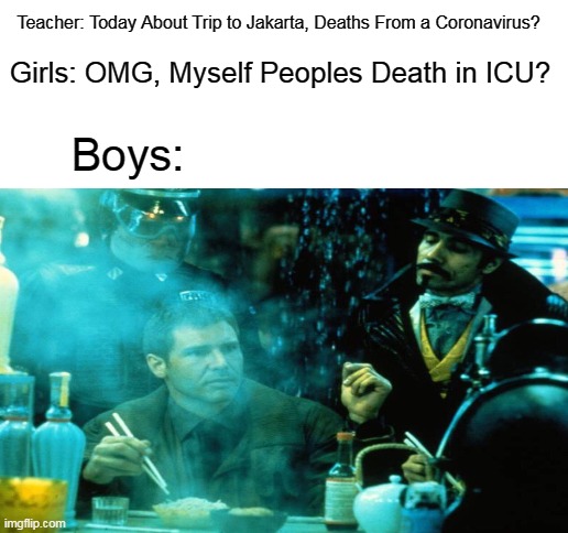 Jakarta From The Coronavirus! | Teacher: Today About Trip to Jakarta, Deaths From a Coronavirus? Girls: OMG, Myself Peoples Death in ICU? Boys: | image tagged in blank white template | made w/ Imgflip meme maker