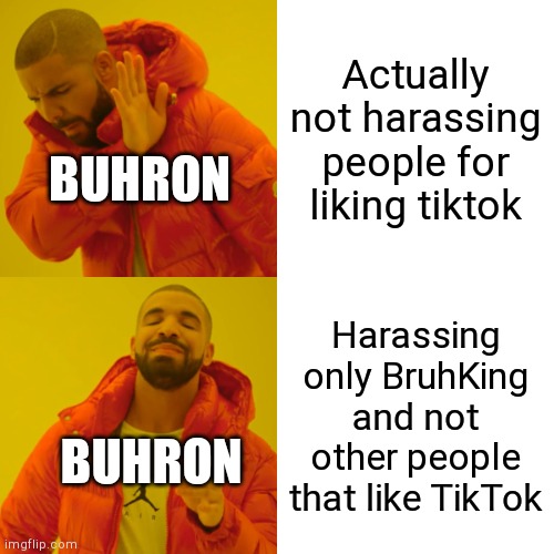 Stop it buhron! | Actually not harassing people for liking tiktok; BUHRON; Harassing only BruhKing and not other people that like TikTok; BUHRON | image tagged in memes,drake hotline bling | made w/ Imgflip meme maker