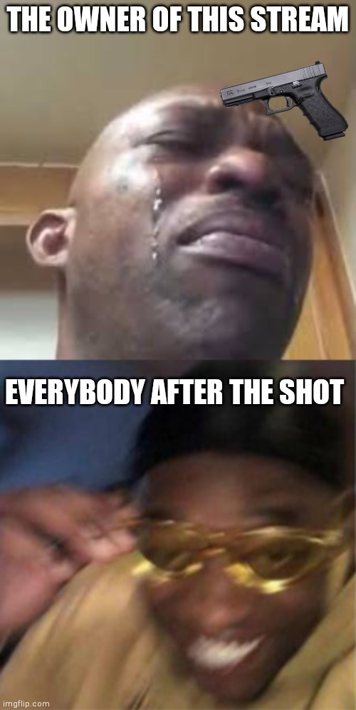 All anti-gamers must burn in h***! Join us as we fight for more video games! | THE OWNER OF THIS STREAM; EVERYBODY AFTER THE SHOT | image tagged in crying black man,crying black man gold glasses black man | made w/ Imgflip meme maker
