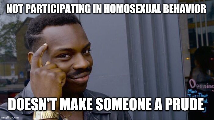 Roll Safe Think About It Meme | NOT PARTICIPATING IN HOMOSEXUAL BEHAVIOR DOESN'T MAKE SOMEONE A PRUDE | image tagged in memes,roll safe think about it | made w/ Imgflip meme maker
