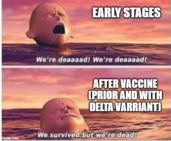 COVID Vaccines | EARLY STAGES; AFTER VACCINE (PRIOR AND WITH DELTA VARRIANT) | image tagged in we survived but we're dead,covid-19 | made w/ Imgflip meme maker