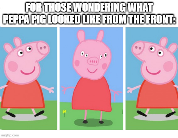 I knew something was up... | FOR THOSE WONDERING WHAT PEPPA PIG LOOKED LIKE FROM THE FRONT: | image tagged in peppa pig,epic peppa pig,scary,funny,oh wow are you actually reading these tags | made w/ Imgflip meme maker