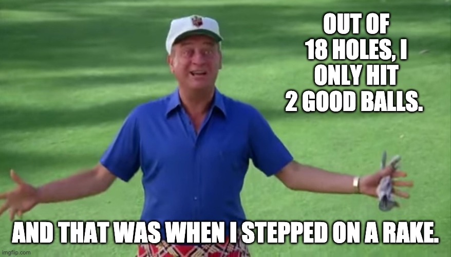 Golf | OUT OF 18 HOLES, I ONLY HIT 2 GOOD BALLS. AND THAT WAS WHEN I STEPPED ON A RAKE. | image tagged in bad pun | made w/ Imgflip meme maker