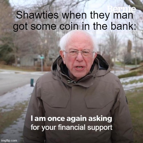 Bernie I Am Once Again Asking For Your Support | Shawties when they man got some coin in the bank:; for your financial support | image tagged in memes,bernie i am once again asking for your support,hood,she for the streets | made w/ Imgflip meme maker