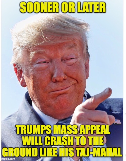 Trump pointing | SOONER OR LATER; TRUMPS MASS APPEAL WILL CRASH TO THE GROUND LIKE HIS TAJ-MAHAL | image tagged in trump pointing | made w/ Imgflip meme maker