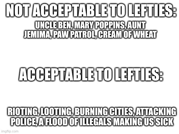 Change my mind | NOT ACCEPTABLE TO LEFTIES:; UNCLE BEN, MARY POPPINS, AUNT JEMIMA, PAW PATROL, CREAM OF WHEAT; ACCEPTABLE TO LEFTIES:; RIOTING, LOOTING, BURNING CITIES, ATTACKING POLICE, A FLOOD OF ILLEGALS MAKING US SICK | image tagged in blank white template | made w/ Imgflip meme maker