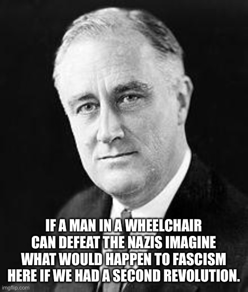 Franklin D. Roosevelt | IF A MAN IN A WHEELCHAIR CAN DEFEAT THE NAZIS IMAGINE WHAT WOULD HAPPEN TO FASCISM HERE IF WE HAD A SECOND REVOLUTION. | image tagged in franklin d roosevelt | made w/ Imgflip meme maker