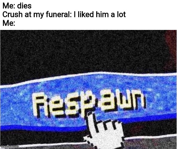 Respawn | Me: dies
Crush at my funeral: I liked him a lot
Me: | image tagged in respawn | made w/ Imgflip meme maker