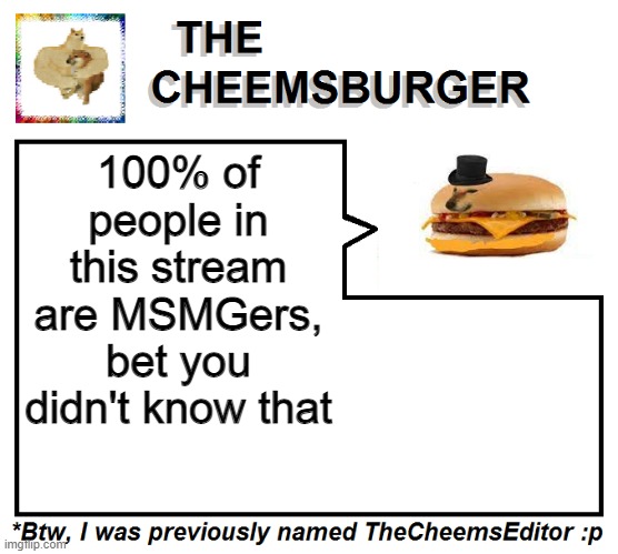im so wise tbh | 100% of people in this stream are MSMGers, bet you didn't know that | image tagged in thecheemseditor thecheemsburger temp 2 | made w/ Imgflip meme maker
