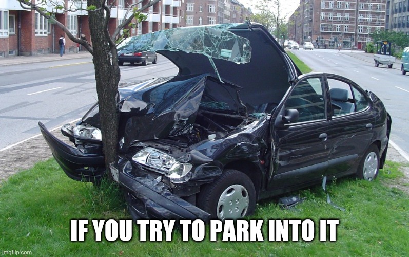 Car Crash | IF YOU TRY TO PARK INTO IT | image tagged in car crash | made w/ Imgflip meme maker