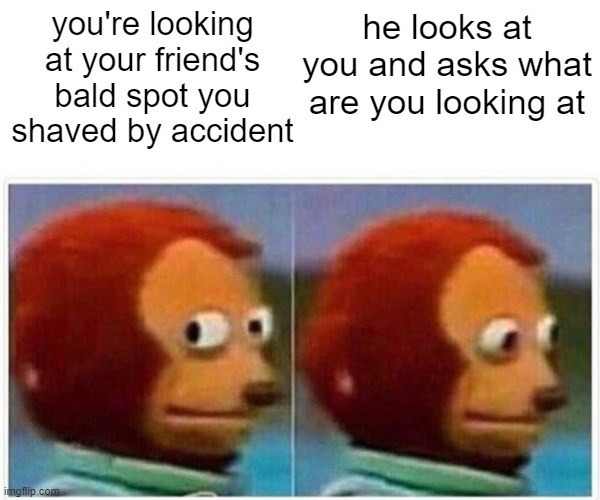 Monkey Puppet | you're looking at your friend's bald spot you shaved by accident; he looks at you and asks what are you looking at | image tagged in memes,monkey puppet | made w/ Imgflip meme maker