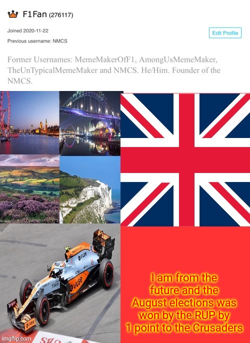 F1Fan Announcement Template | I am from the future and the August elections was won by the RUP by 1 point to the Crusaders | image tagged in f1fan announcement template | made w/ Imgflip meme maker