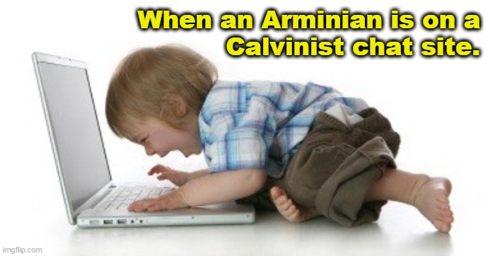 When an Arminian is on a Calvinist chat site |  When an Arminian is on a
Calvinist chat site. | image tagged in calvinism,arminian,baby,free will,calvinist memes,chat | made w/ Imgflip meme maker