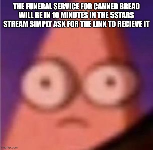 Welp | THE FUNERAL SERVICE FOR CANNED BREAD WILL BE IN 10 MINUTES IN THE 5STARS STREAM SIMPLY ASK FOR THE LINK TO RECIEVE IT | image tagged in eyes wide patrick | made w/ Imgflip meme maker