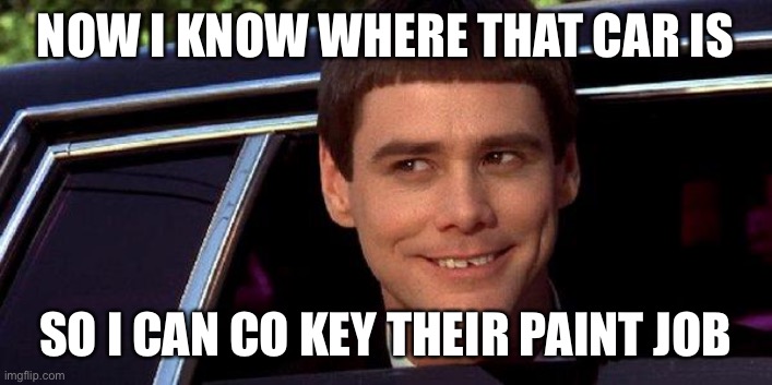 dumb and dumber | NOW I KNOW WHERE THAT CAR IS SO I CAN CO KEY THEIR PAINT JOB | image tagged in dumb and dumber | made w/ Imgflip meme maker