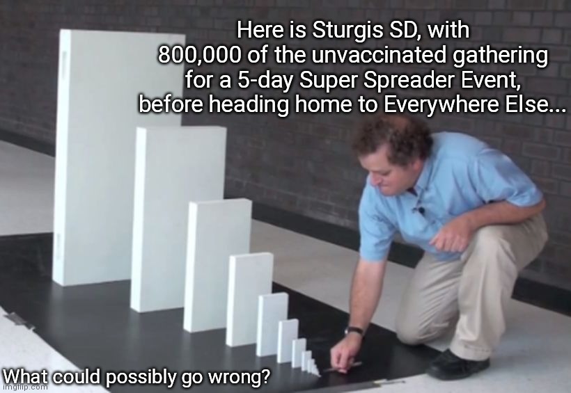 Domino Effect | Here is Sturgis SD, with 800,000 of the unvaccinated gathering for a 5-day Super Spreader Event, before heading home to Everywhere Else... What could possibly go wrong? | image tagged in domino effect | made w/ Imgflip meme maker