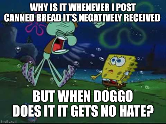 No hate towards doggo but come on man it’s unfair | WHY IS IT WHENEVER I POST CANNED BREAD IT’S NEGATIVELY RECEIVED; BUT WHEN DOGGO DOES IT IT GETS NO HATE? | image tagged in angry squidward | made w/ Imgflip meme maker