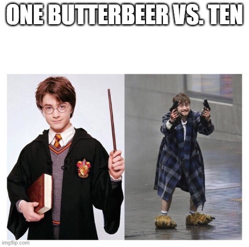 Harry vs HARRY | ONE BUTTERBEER VS. TEN | image tagged in harry vs harry | made w/ Imgflip meme maker